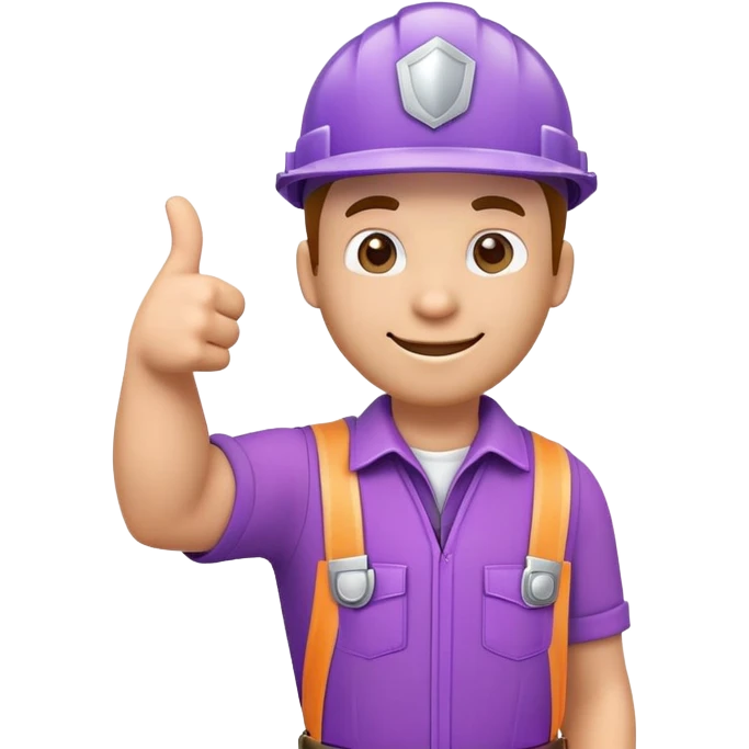 3D emoji of a handyman in purple uniform giving thumbs up, with checkmark and sparkles, happy tone emoji