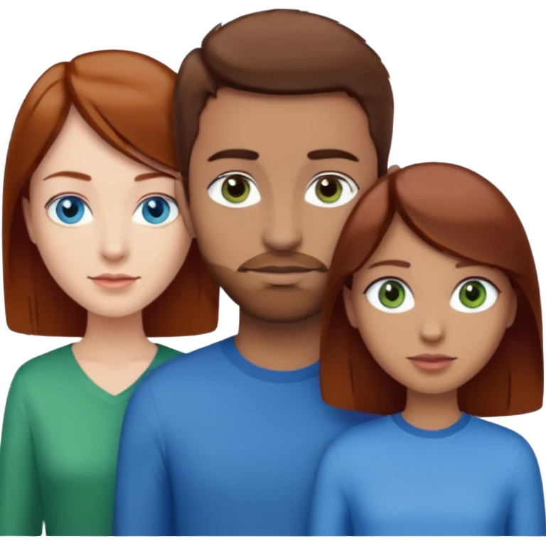 One woman with blue eyes, brown hair, light skin standing next to another woman with darker red brown hair, lighter skin, and green eyes, standing next to a man with no facial hair, blue eyes, and short brown hair emoji