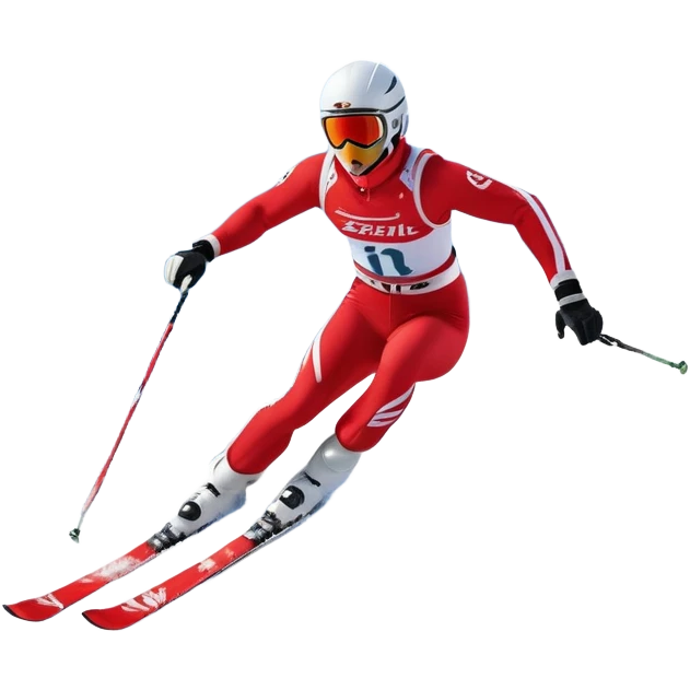 An icon featuring a skier racing down a snow-covered slope, surrounded by snowy peaks, pine trees, and a picturesque mountain landscape. The sky is blue with soft clouds, capturing the thrill and beauty of alpine skiing. Transparent background  emoji