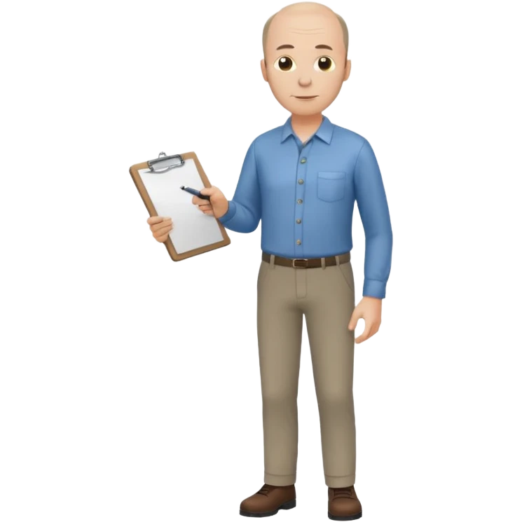 man, mid 40's shirt and trousers balding hairline, full body, standing, holding a clipboard emoji