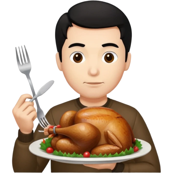 A Fatter man with black hair eating turkey emoji