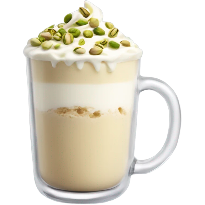 White chocolate latte with pistachios in a glass aesthetic with cream on top  emoji