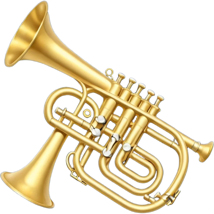 “Flat vector icon of a golden side-view trumpet with mouthpiece, bell, and three valves, thick outline, centered on a deep navy blue rounded-square (or circle); from the bell, 2–3 small white or light-blue music notes with dark outline emerge.  emoji