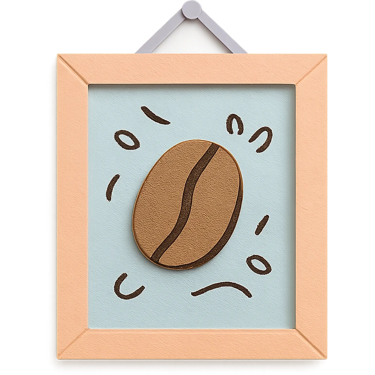 coffee shop wall art frame with coffee bean doodle, soft pastel colors, hand-drawn style emoji