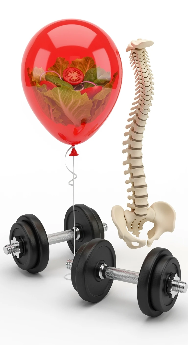 palloncino rosso con all'interno insalata, manubri da palestra e una spina dorsale anatomica realistica in 3d, isolato su sfondo bianco emoji