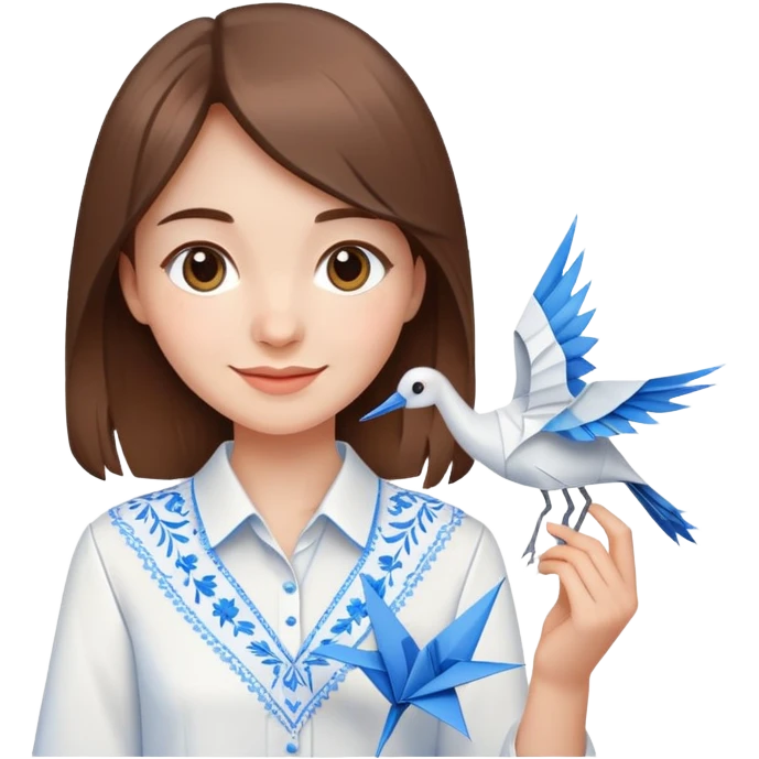 A happy Ukrainian young girl with brown hair in a white embroidered shirt holds an origami blue crane emoji