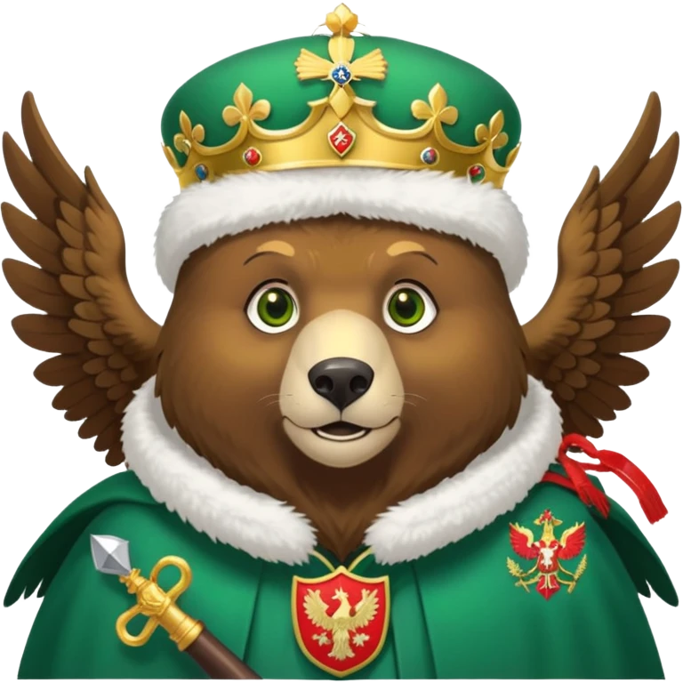 Sweet brown bear face with green eyes, white fluffy ushanka hat with Russian coat of arms showing golden eagle with spread wings, crowns, scepter, orb, and St. George shield, iOS emoji style emoji