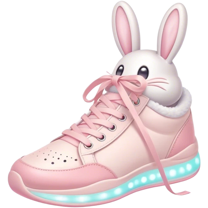 Cute Kawaii Shoe, small and bouncy, soft pastel sneakers with glowing highlights, cute sparkling eyes, a happy cheerful expression, laces tied like bunny ears! emoji