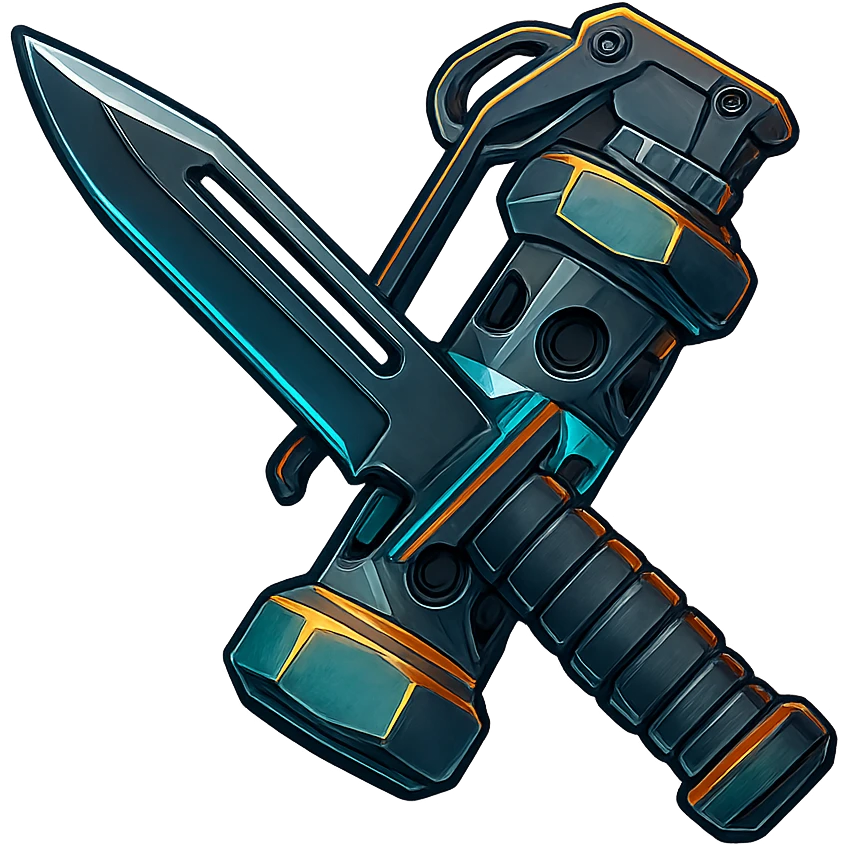 the image is the icon for a videogame  item. futuristic cyberpunk -ready to equip- it is master craftsmanship [ unequipped item ]
It is a crossed combat knife and flashbang - neatly staged 3/4 profile view - orthographic horizontal perspective emoji
