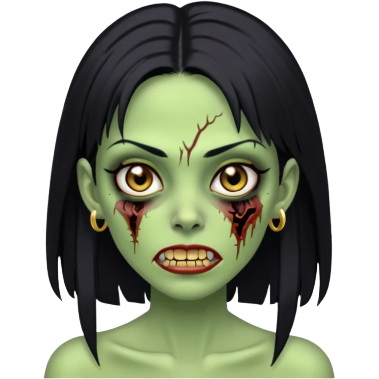 Faça uma zombie mulher bonita verde com olhos castanhos cabelos pretos liso com estilo y2k e com dentes de ouro emoji