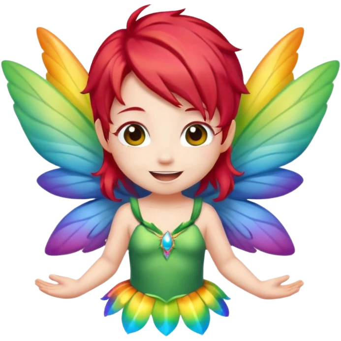 fairy with red hair, rainbow wings, happy, chibi full body emoji