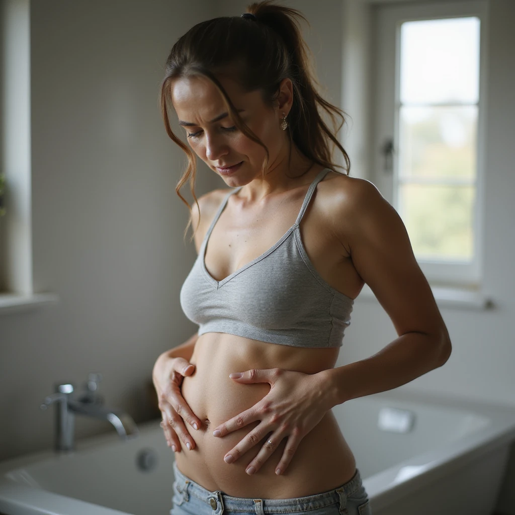 hyperrealistic woman standing with curved posture, both hands on abdomen, expression of discomfort and pain, realistic details, 4K quality, bathroom environment emoji