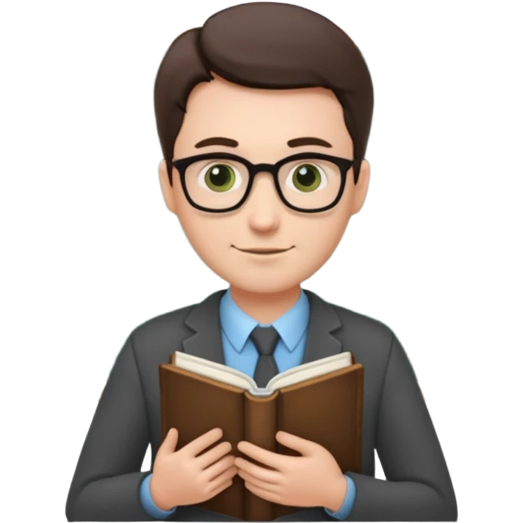 The teacher has a book in his hand and a green board behind him. emoji