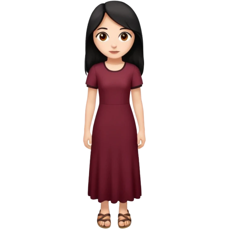 Chica blanca ,ojos marrones, vestido granate ajustado largo,manga corta,  cuerpo entero ,pelo negro y largo sandalias emoji