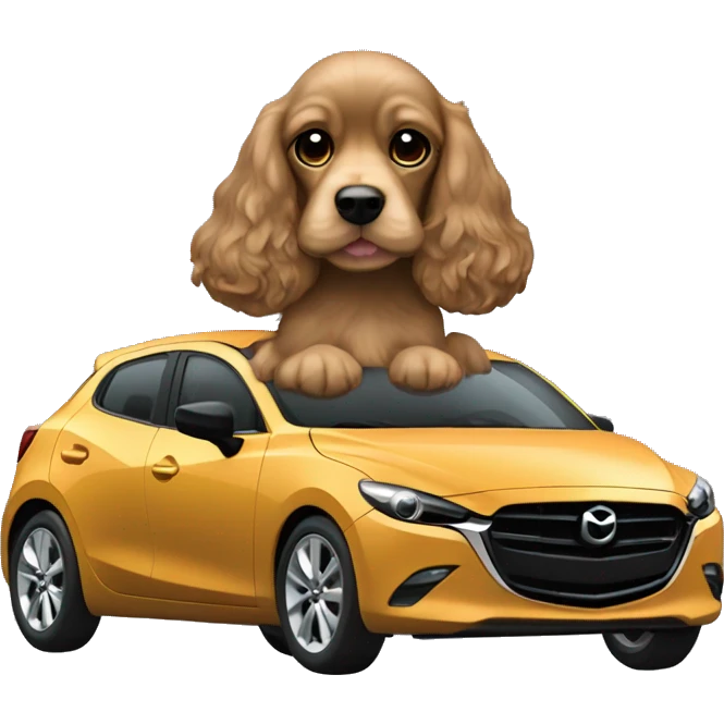 Light brown Cocker Spaniel driving a Black Mazda 2 car emoji
