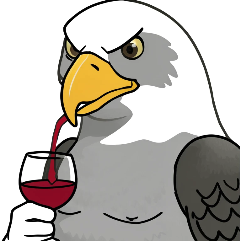 Eagle with the word Thirsty Thorpies on her chest drinking wine emoji