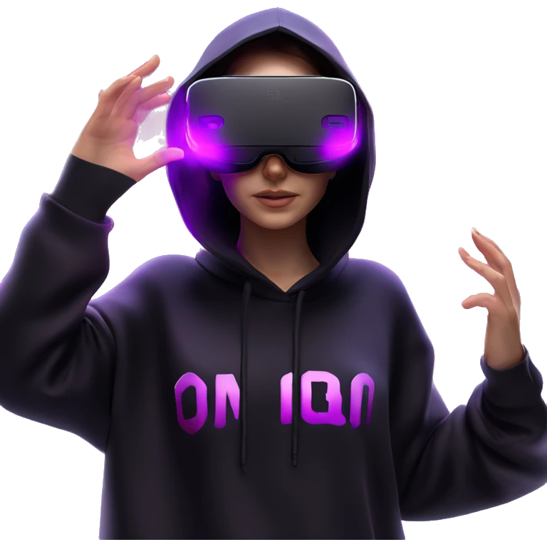 Russian girl wearing black hoody with violet letters "OMG", in vr headset oculus quest2. Standing like jedi. Cyberpunk style. Violet neon. emoji