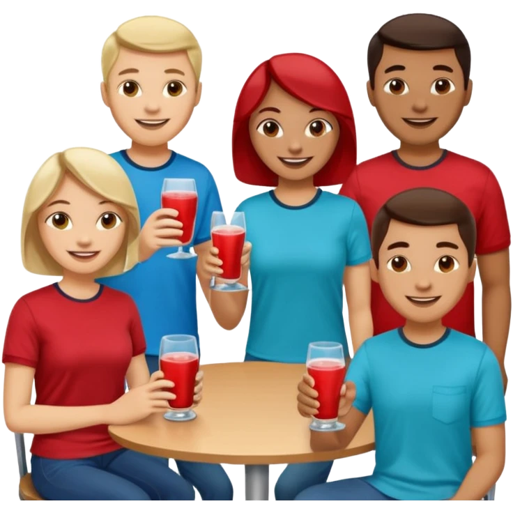 Two dozen adults in casual clothing with red, aqua and blue shirts with different drinks chatting at an afterwork meeting emoji