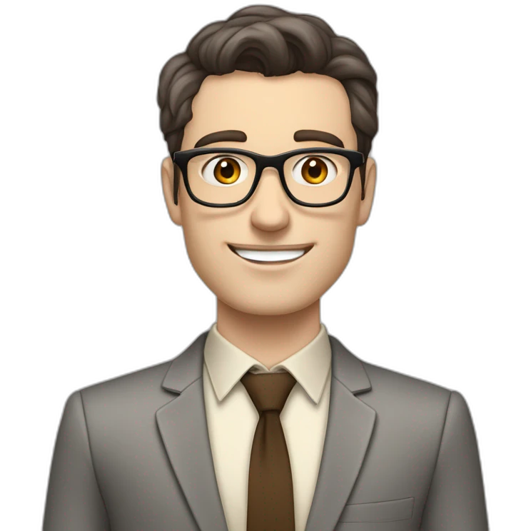 Pale skinned fit man with dark brown hair in gray jacket, beige office shirt, brown tie, brown pants and vintage glasses Writing text on the flipchart emoji
