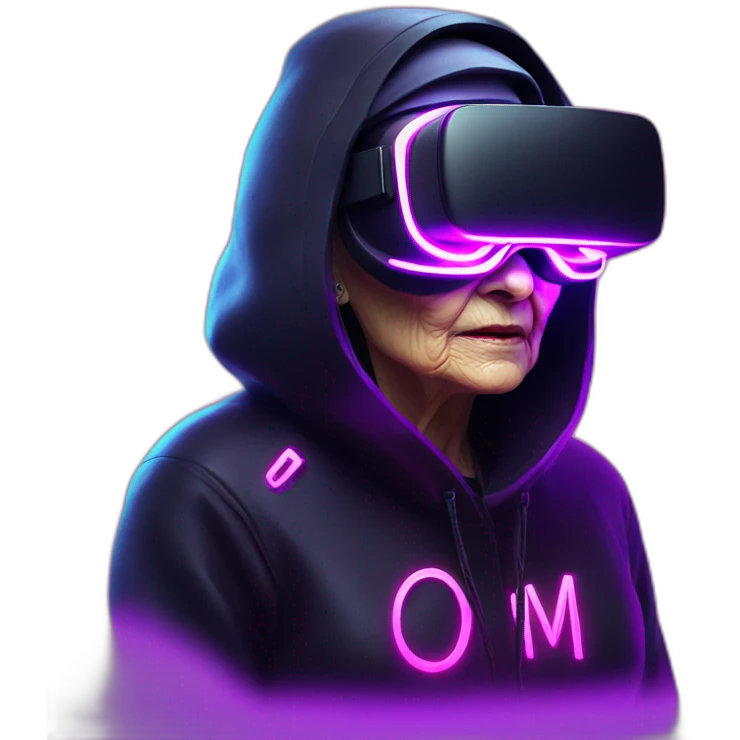 Russian old woman wearing a black hoodie with "OMG" letters on it and VR headset in a cyberpunk VR environment with violet neon lighting. emoji