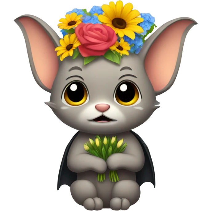 Tabby bat with bunch of flowers apologizing emoji