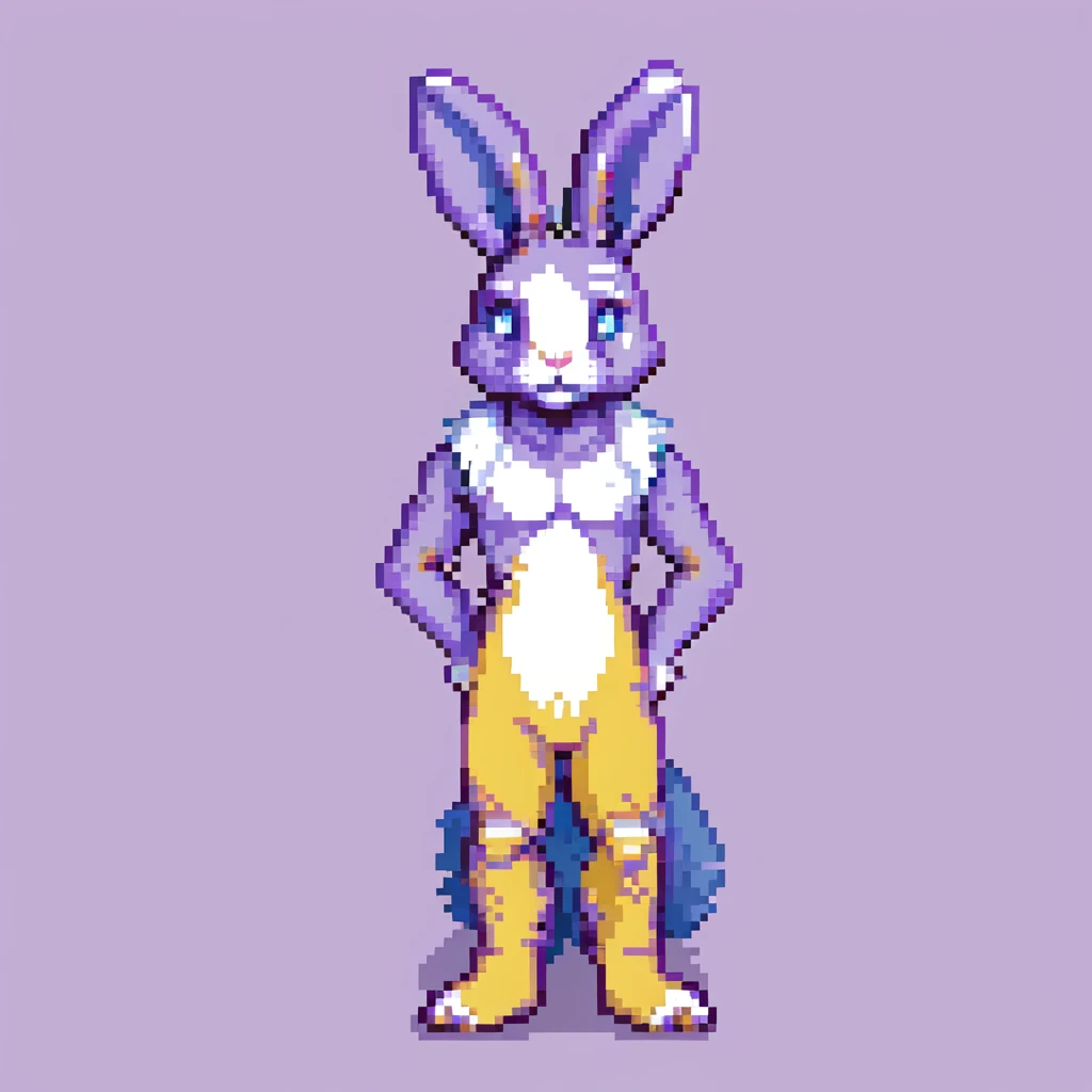 furry anthro male bunny with purple hair, blue eyes, purple and white fur, pixel art style, standing pose emoji