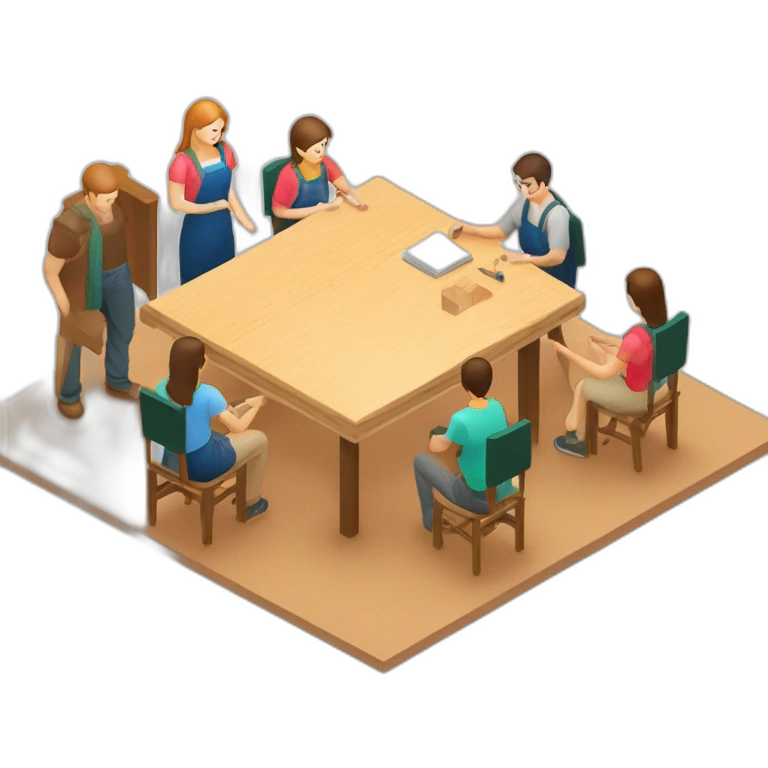 isometric square transparent solid outline border containing woodworking teacher with student teaching in creative workshop on long table emoji