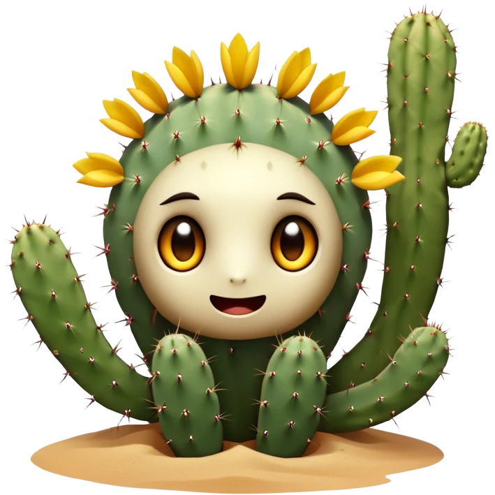 A desert-dwelling plant hybrid creature with cactus spines, eyes, blooming flower petals that change color with the temperature, and the ability to burrow underground with root-like limbs during sandstorms. emoji