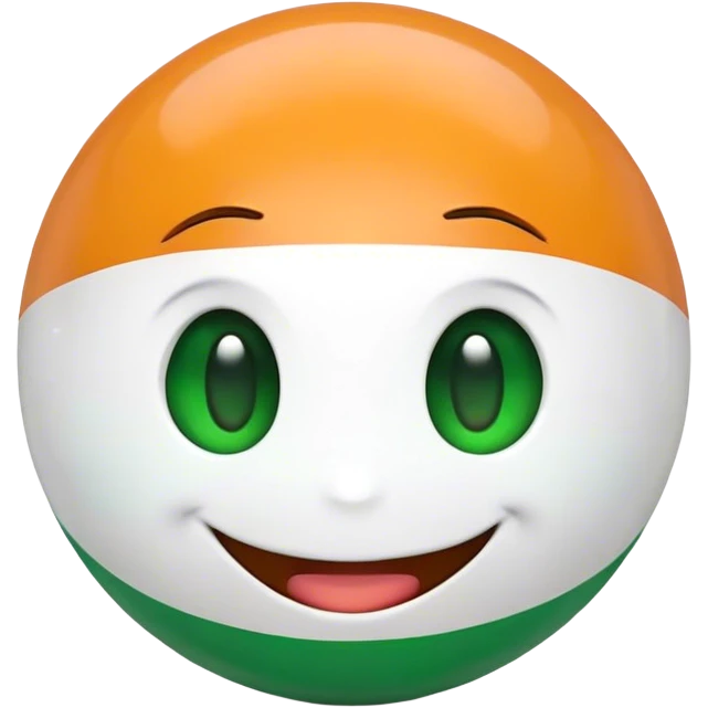 "A 2D-rendered, glossy, spherical emoji with a cheerful smiling face. The sphere is painted with the colors of the Indian flag—saffron on top, white in the middle, and green at the bottom. The emoji has large, shiny green eyes with black pupils, reflecting light for a cute and friendly expression. The background is plain white, making the vibrant colors and glossy texture of the sphere stand out. The overall style is smooth and cartoon-like, with a polished and modern look." emoji