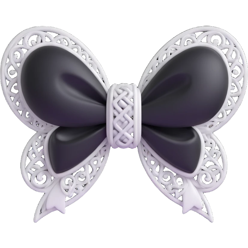 3D emoji gothic bow, pure white velvet, silver filigree, black gemstone center emoji