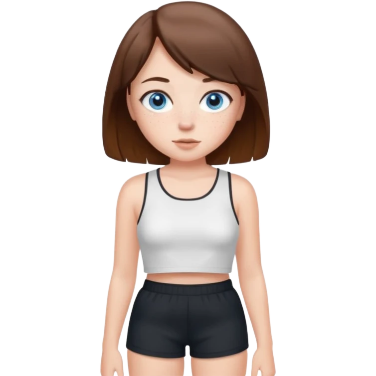Brown haired girl with bob and blue eyes and freckles and white crop top and black shorts emoji