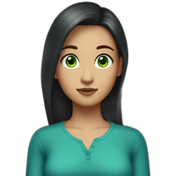 tall girl with dark long hair, green eyes, blue shirt emoji