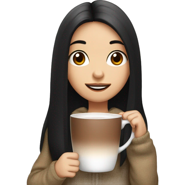 girl with black straight hair drinking hot cocoa, centre part, white face emoji