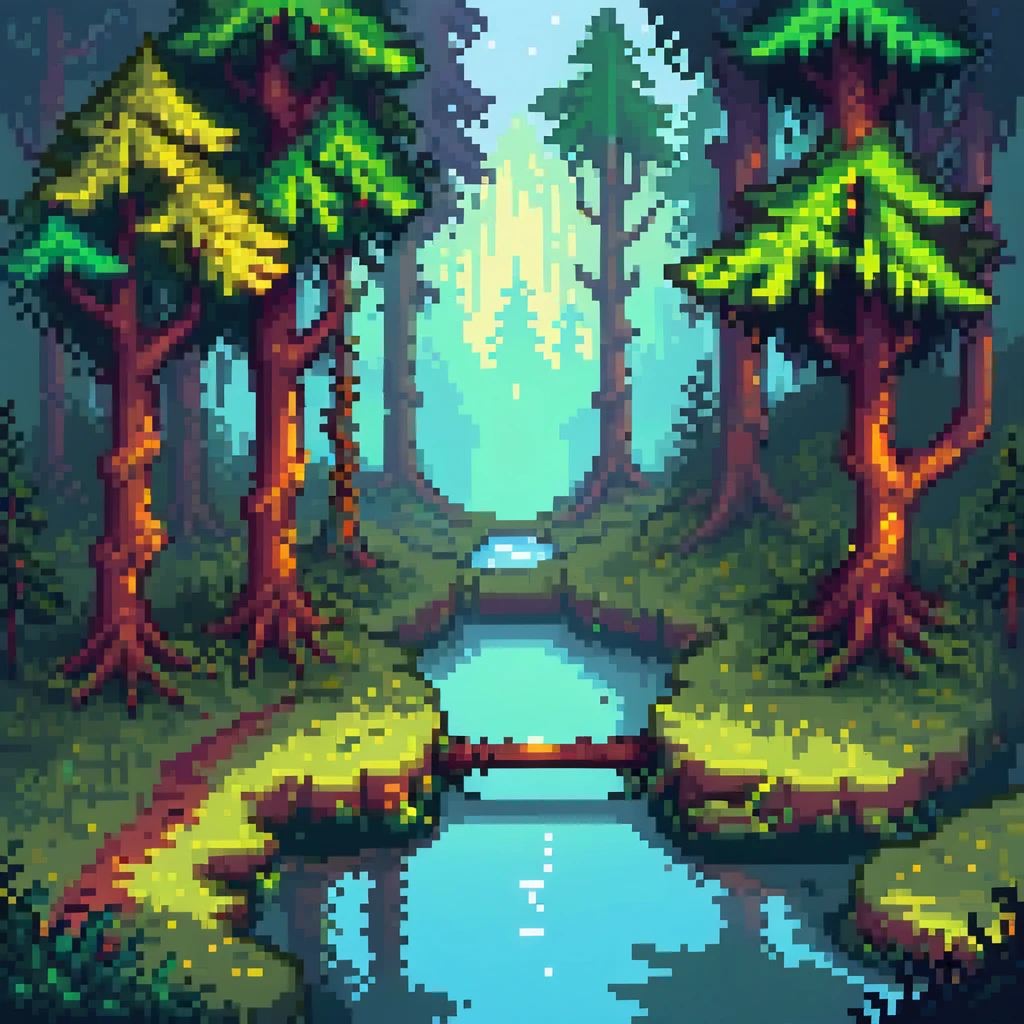 Magical forest with glowing trees and a hidden lake emoji