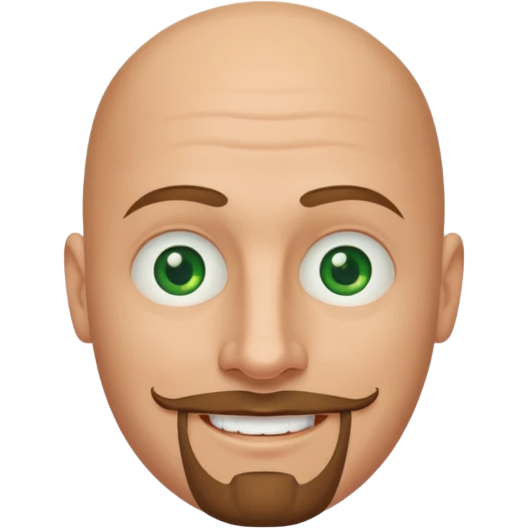 white caucasian bald man's face, with brown goatee and green eyes, oval face, rounded, big emoji