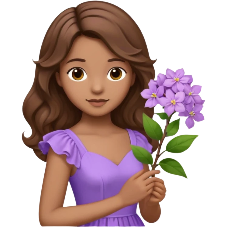 Menina parda/branca de cabelo ondulado castanho partido de lado com uma flor lilás e vestido lilás emoji