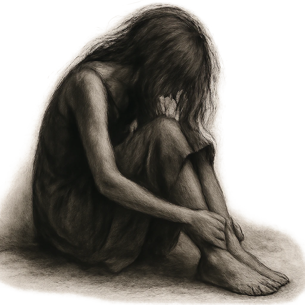 expressive pose of a girl sitting, back slightly hunched, head down, messy hair over her face and shoulders, barefoot in a simple dress, sad or thoughtful mood, dim lighting, soft shadows, minimal background emoji