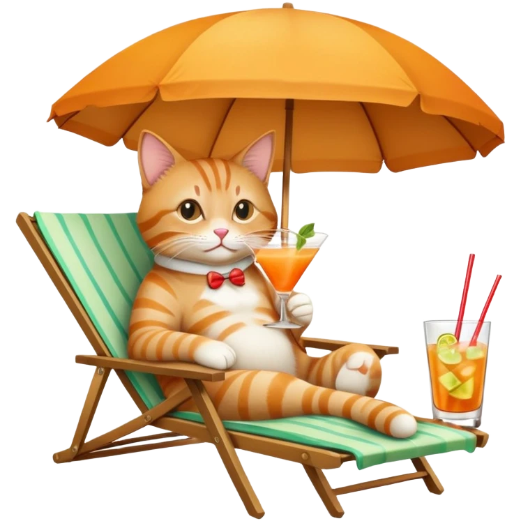 Cat relaxing on a beach chair, sipping a mai tai cocktail with umbrella emoji
