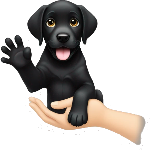 sitting black labrador puppy makes high five with one paw emoji