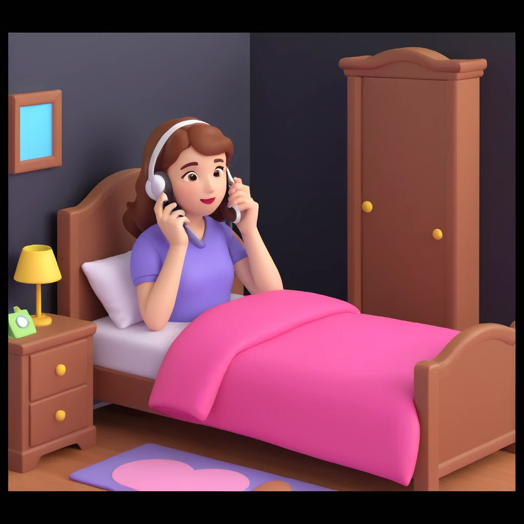girl talking on phone bedroom background, close up pose emoji