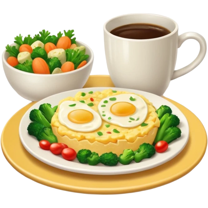 plate with eggs and veggies,  on the side one coffee in cute mug emoji
