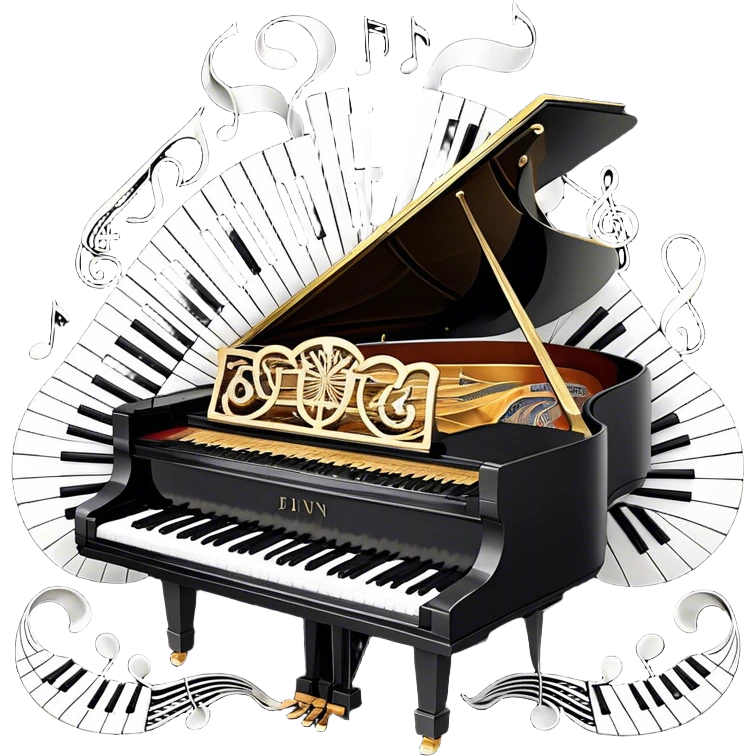 Create a sophisticated and celebratory emoji collage representing keyboard instruments, designed in the style of a coat of arms or crest. The design should feature a central, ornate grand piano with black and white keys, surrounded by a ribbon of musical notes. The ribbon should intertwine with a second ribbon made of black-and-white piano keys, creating a flowing, symmetrical pattern. Include delicate, elegant details such as the pedals of the grand piano, intricate woodwork, and the glossy, polished surface of the instrument. The musical notes should be swirling around the design in a harmonious, festive arrangement. Use gold, silver, and rich wood tones to evoke a sense of luxury and professionalism, with the black-and-white keys of the piano adding contrast. The background should remain transparent. emoji