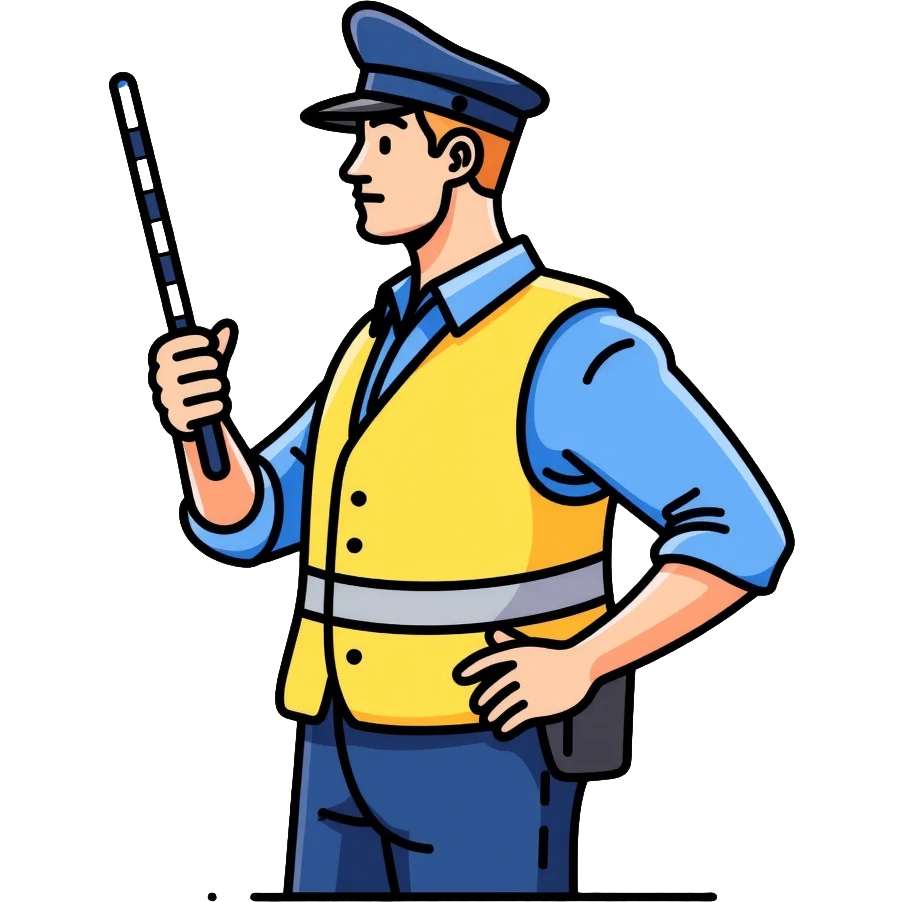 Russian traffic police officer with reflective vest, blue uniform, peaked cap, directing traffic with striped baton emoji