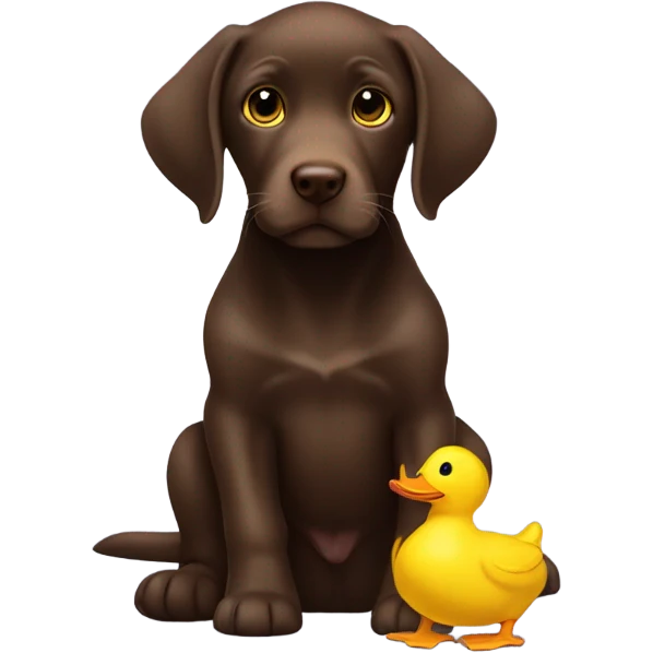 Chocolate lab puppy with big yellow duck toy emoji