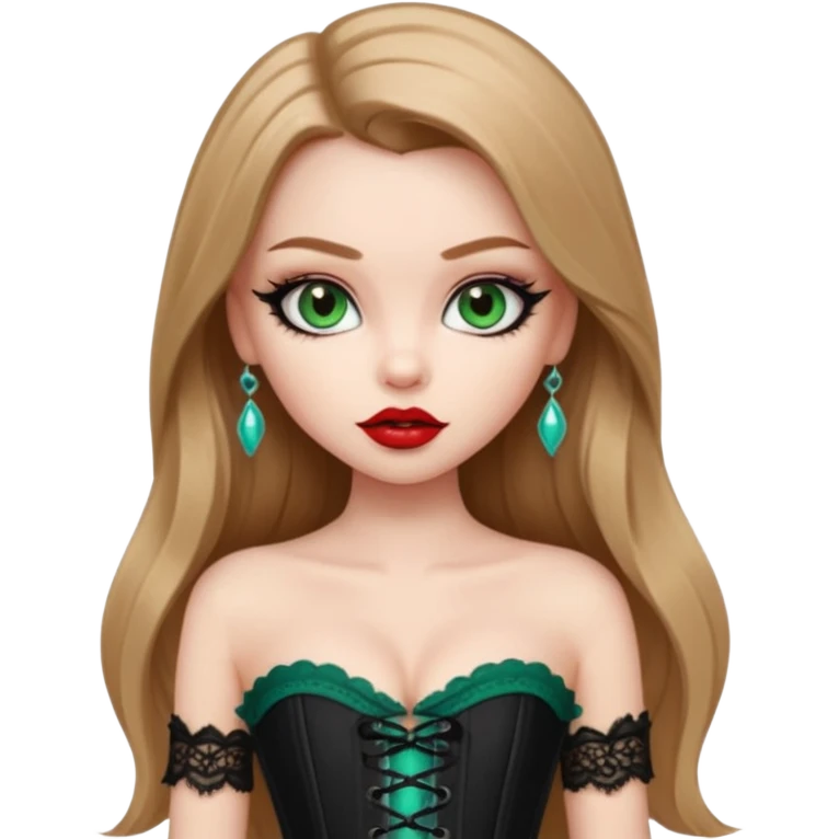 pretty bratz girl, long straight LIGHT BROWN HAIR, jade green eyes, black eyeliner, pale skin, black corset clothes with laces emoji
