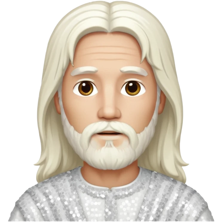 Jesus, Son of God from Gods and Goddesses with long white hair and beard, white sequin outfit emoji