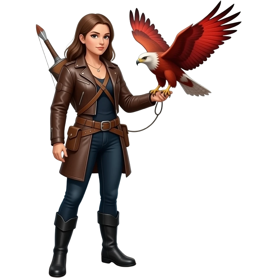 A full-body female falconer with a red tailed hawk emoji