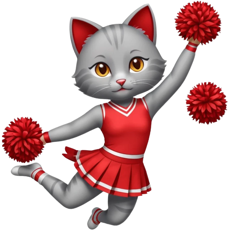 A sleek grey cat cheerleader twirling pom-poms with confident energy. emoji