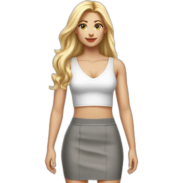 hyperrealistic caucasian blonde, long straight hair, white deep v-neck crop tanktop, gray tight mini skirt emoji