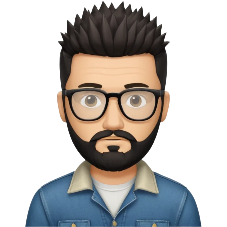 یه پسر سفید پوست با ریش مشکی و مدل موی جذاب که موهاش رو به بالاهست و عینک زده مدل موهاش اسپایکی باشه و لباسش هم رسمی نباشه emoji